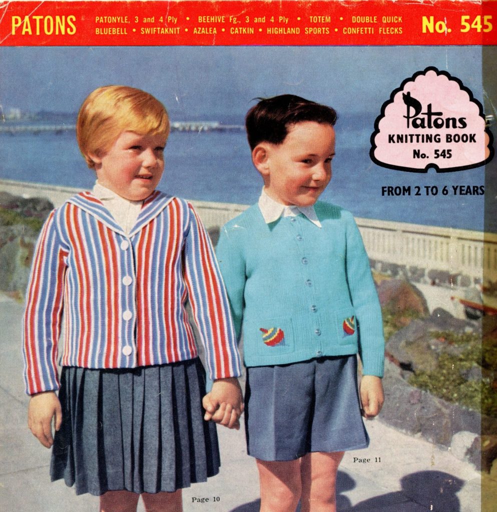Patons Knitting book circa 1950s, featuring a boy and girl in knit jumpers holdings hands by the seaside.